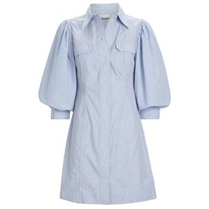 Ganni Dress Size 38 Striped Puff Sleeve Shirt Dress Blue